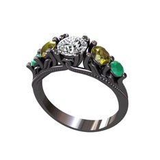 Eden 5 Taş Yüzük - Beyaz zirkon, peridot ve kök zümrüt 925 ayar siyah rodyum kaplama gümüş yüzük #swfpz5