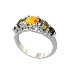 Sitrin, peridot ve siyah zirkon 14 ayar beyaz altın yüzük