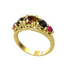 Dumanlı kuvars, siyah zirkon ve rodolit garnet 8 ayar altın yüzük