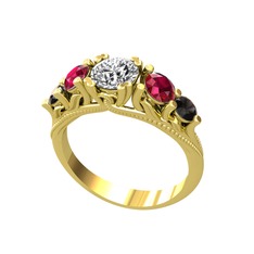 Eden 5 Taş Yüzük - Beyaz zirkon, rodolit garnet ve siyah zirkon 8 ayar altın yüzük #u5gq3p