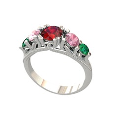 Garnet, pembe kuvars ve yeşil kuvars 14 ayar beyaz altın yüzük