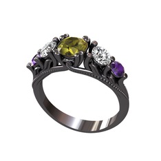 Peridot, swarovski ve ametist 925 ayar siyah rodyum kaplama gümüş yüzük
