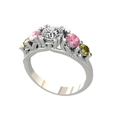 Eden 5 Taş Yüzük - Beyaz zirkon, pembe kuvars ve peridot 8 ayar beyaz altın yüzük #uvnchi