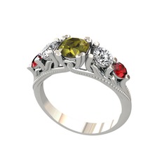 Eden 5 Taş Yüzük - Peridot, beyaz zirkon ve garnet 14 ayar beyaz altın yüzük #v6vvh2