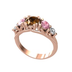 Eden 5 Taş Yüzük - Dumanlı kuvars, pembe kuvars ve pırlanta 925 ayar rose altın kaplama gümüş yüzük (0.36 karat) #vuv7bo