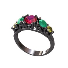 Eden 5 Taş Yüzük - Rodolit garnet, kök zümrüt ve peridot 925 ayar siyah rodyum kaplama gümüş yüzük #vx6hng