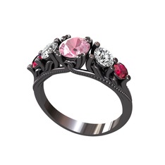 Eden 5 Taş Yüzük - Pembe kuvars, swarovski ve rodolit garnet 925 ayar siyah rodyum kaplama gümüş yüzük #w21jjr