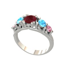 Eden 5 Taş Yüzük - Kök yakut, akuamarin ve pembe kuvars 8 ayar beyaz altın yüzük #wa2pe6