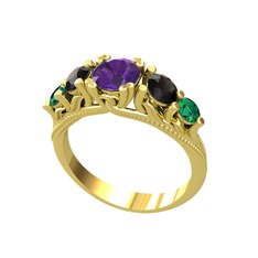 Ametist, siyah zirkon ve yeşil kuvars 18 ayar altın yüzük