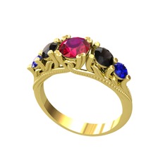 Eden 5 Taş Yüzük - Rodolit garnet, siyah zirkon ve lab safir 14 ayar altın yüzük #xgex9m