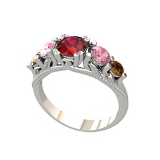 Garnet, pembe kuvars ve dumanlı kuvars 18 ayar beyaz altın yüzük