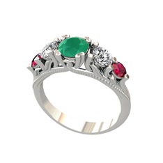 Eden 5 Taş Yüzük - Kök zümrüt, swarovski ve rodolit garnet 8 ayar beyaz altın yüzük #z9ocks