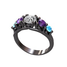 Eden 5 Taş Yüzük - Pırlanta, ametist ve akuamarin 925 ayar siyah rodyum kaplama gümüş yüzük (0.92 karat) #zb3wyh
