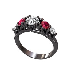 Eden 5 Taş Yüzük - Pırlanta, rodolit garnet ve swarovski 925 ayar siyah rodyum kaplama gümüş yüzük (0.92 karat) #zlik3p