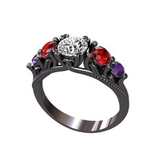 Beyaz zirkon, garnet ve ametist 925 ayar siyah rodyum kaplama gümüş yüzük