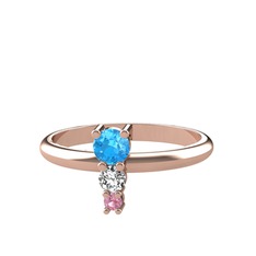 Akuamarin, beyaz zirkon ve pembe kuvars 925 ayar rose altın kaplama gümüş yüzük