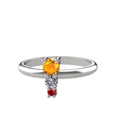 Sitrin, pırlanta ve garnet 18 ayar beyaz altın yüzük (0.11 karat)