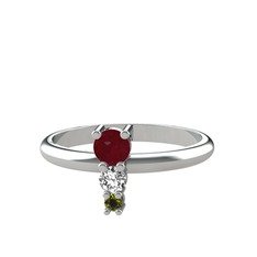 Kök yakut, beyaz zirkon ve peridot 8 ayar beyaz altın yüzük