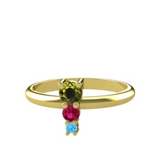 Peridot, rodolit garnet ve akuamarin 18 ayar altın yüzük