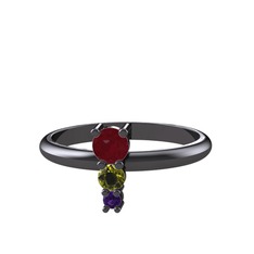 Kök yakut, peridot ve ametist 925 ayar siyah rodyum kaplama gümüş yüzük