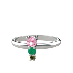 Madga Yüzük - Pembe kuvars, kök zümrüt ve peridot 8 ayar beyaz altın yüzük #178w6mi