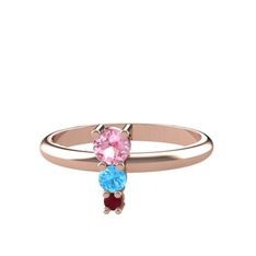 Pembe kuvars, akuamarin ve kök yakut 18 ayar rose altın yüzük