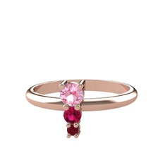 Pembe kuvars, rodolit garnet ve kök yakut 14 ayar rose altın yüzük