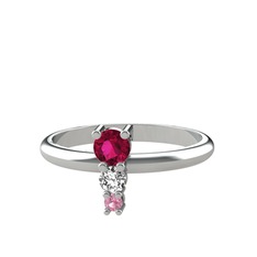 Rodolit garnet, beyaz zirkon ve pembe kuvars 8 ayar beyaz altın yüzük