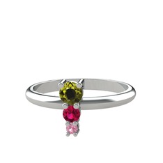 Madga Yüzük - Peridot, rodolit garnet ve pembe kuvars 18 ayar beyaz altın yüzük #1eqj5n3