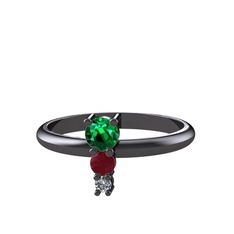 Madga Yüzük - Yeşil kuvars, kök yakut ve pırlanta 925 ayar siyah rodyum kaplama gümüş yüzük (0.036 karat) #1fig0b7