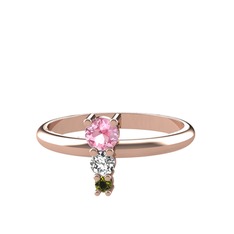 Pembe kuvars, beyaz zirkon ve peridot 18 ayar rose altın yüzük