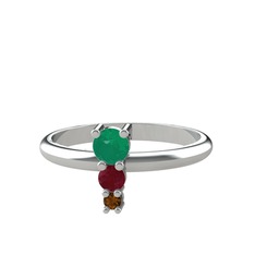 Madga Yüzük - Kök zümrüt, kök yakut ve dumanlı kuvars 14 ayar beyaz altın yüzük #1m3rxmu