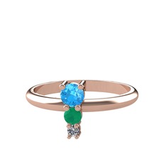 Akuamarin, kök zümrüt ve pırlanta 14 ayar rose altın yüzük (0.036 karat)