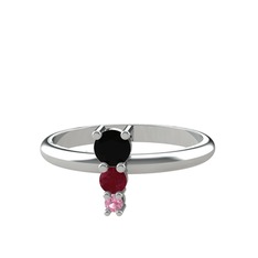 Madga Yüzük - Siyah zirkon, kök yakut ve pembe kuvars 8 ayar beyaz altın yüzük #1n3ntl3