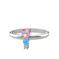 Pembe kuvars, akuamarin ve beyaz zirkon 18 ayar beyaz altın yüzük