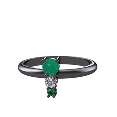 Madga Yüzük - Kök zümrüt, pırlanta ve yeşil kuvars 925 ayar siyah rodyum kaplama gümüş yüzük (0.11 karat) #1rc70y