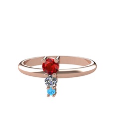 Garnet, pırlanta ve akuamarin 18 ayar rose altın yüzük (0.11 karat)