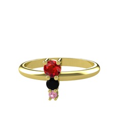 Garnet, siyah zirkon ve pembe kuvars 18 ayar altın yüzük