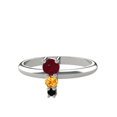 Kök yakut, sitrin ve siyah zirkon 8 ayar beyaz altın yüzük