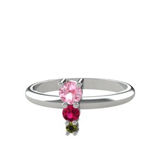 Madga Yüzük - Pembe kuvars, rodolit garnet ve peridot 8 ayar beyaz altın yüzük #1ve4chl
