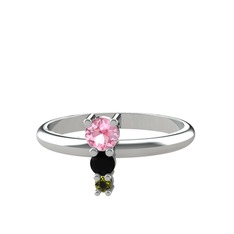 Pembe kuvars, siyah zirkon ve peridot 18 ayar beyaz altın yüzük