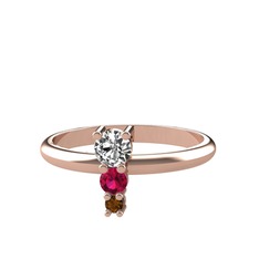 Beyaz zirkon, rodolit garnet ve dumanlı kuvars 18 ayar rose altın yüzük