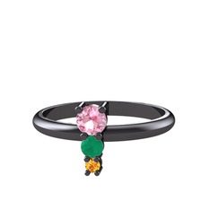 Madga Yüzük - Pembe kuvars, kök zümrüt ve sitrin 925 ayar siyah rodyum kaplama gümüş yüzük #5fbb9y