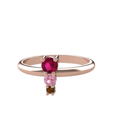 Rodolit garnet, pembe kuvars ve dumanlı kuvars 18 ayar rose altın yüzük