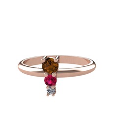 Dumanlı kuvars, rodolit garnet ve pırlanta 14 ayar rose altın yüzük (0.036 karat)