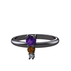 Madga Yüzük - Ametist, dumanlı kuvars ve pırlanta 925 ayar siyah rodyum kaplama gümüş yüzük (0.036 karat) #a1d47j