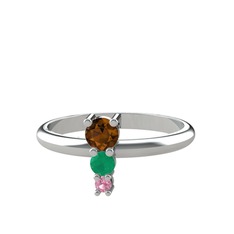Madga Yüzük - Dumanlı kuvars, kök zümrüt ve pembe kuvars 8 ayar beyaz altın yüzük #b4573f