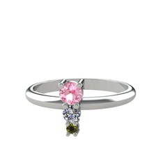 Pembe kuvars, pırlanta ve peridot 14 ayar beyaz altın yüzük (0.11 karat)