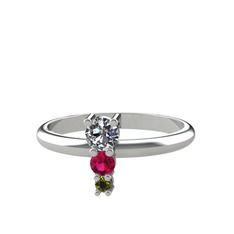Pırlanta, rodolit garnet ve peridot 14 ayar beyaz altın yüzük (0.18 karat)