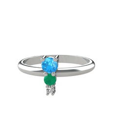 Akuamarin, kök zümrüt ve swarovski 18 ayar beyaz altın yüzük